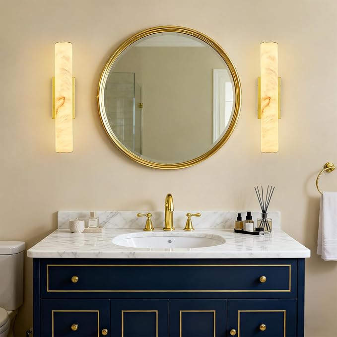 LMQNINE Natural Alabaster Wall Sconces Set of Two Spanish Marble Wall Light Cylinder Modern Gold LED Sconce for Living Room Bedroom Bathroo Stairs（S-2Pack）