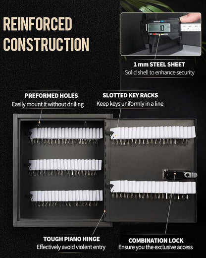 Uniclife 100 Position Slotted Key Cabinet with Combination & Key Lock Resettable Black Digital Security Storage Box Steel Key Organizer with Slotted Racks White Key Tag Labels and Permanent Pen