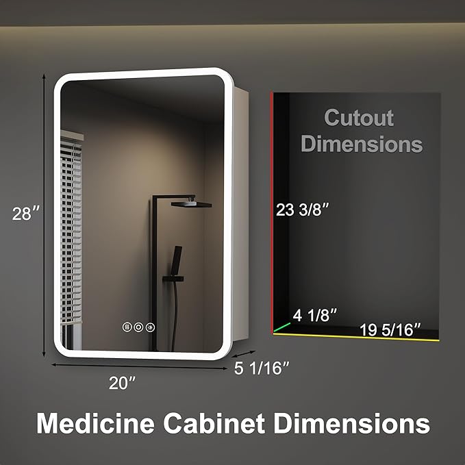 Medicine Cabinet with LED Lights and Mirror, 20 x 28 Inch Surface or Recessed Mounted Bathroom Cabinet with Door, Defogger, Memory Function, 3-Color Mode, Outlet&USB, Dimmer, Storage Shelf