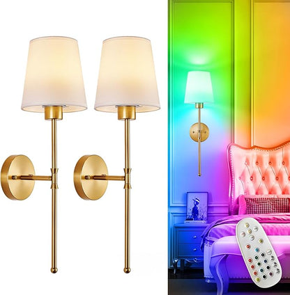 Depuley Battery Operated Wall Sconce: Set of 2 Wireless Wall Lights with Remote for Bedroom - Rechargeable 15 Colors Gold Wall Lamp for Living Room Hallway