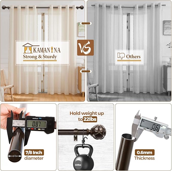 KAMANINA Single Curtain Rod 32 to 58 Inch(2.6-4.8Ft), 7/8 Inch Antique Bronze Adjustable Drapery Rod for Windows, Decorative Netted Texture End