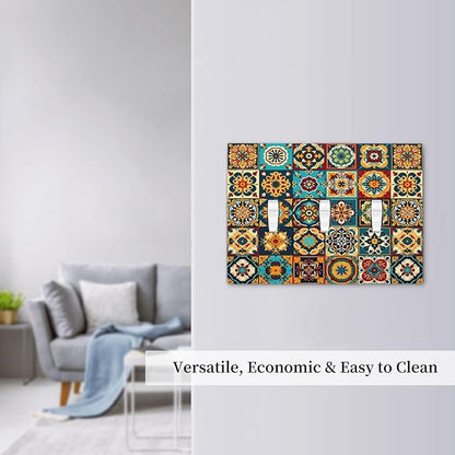 Mexican Talavera Ceramic Tile Moroccan Boho Decorative Switch Plates 3 Gang Wall Plate Triple Toggle Light Switch Cover Faceplate Electrical Wall Panels for Bathroom Kitchen Decor