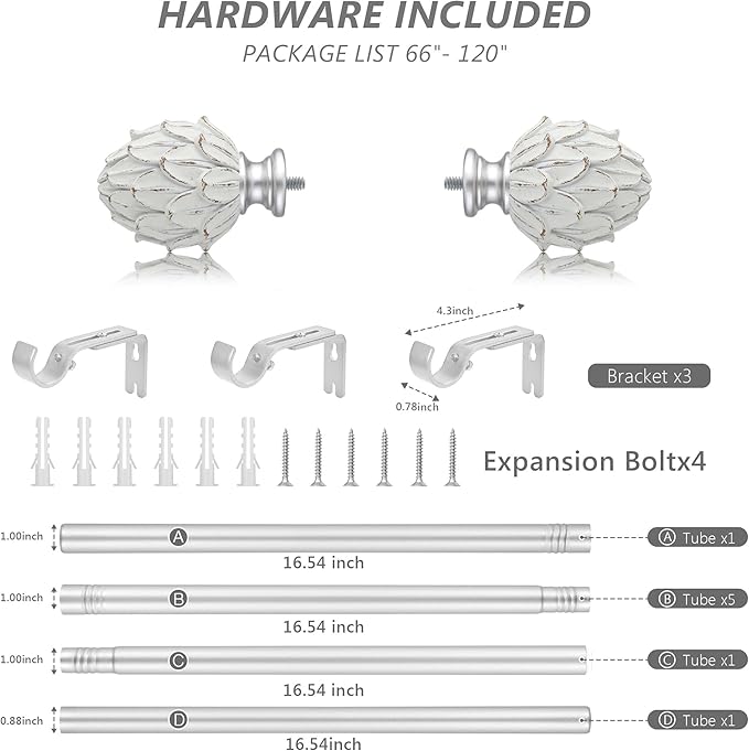 Curtain Rods for Windows 66 to 120 Inches 1 Inch Diameter Adjustable Drapery Rod Decorative Single Window Curtain Rods with Classic Finials,Silver