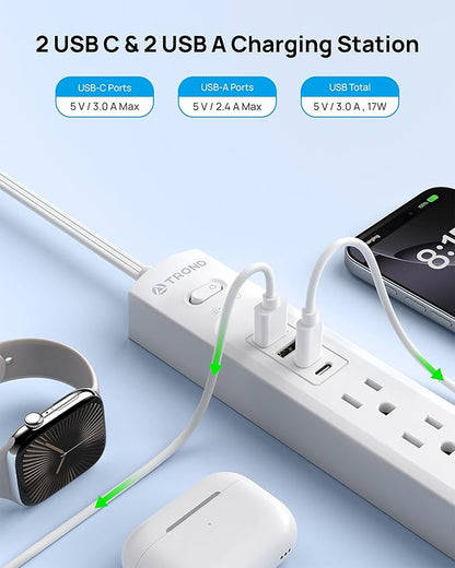 TROND Surge Protector Power Strip with 360° Rotating Flat Plug, 5 Widely Spaced Outlets with 2 USB C and 2 USB A, 1440J Surge Protector, Wall Mountable, Extension Cord 6ft for Home Office Dorm, White