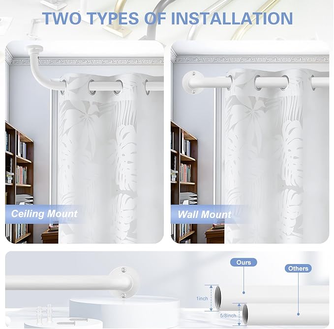 White Wrap Around Curtain Rods 48 to 90 Inch:Blackout Heavy duty Adjustable Window Curtain Rod for Bedroom,Industrial Darkening Curved French Metal Single Drapery Rods Easy Install,Pure White