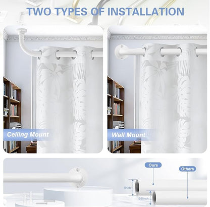 White Wrap Around Curtain Rods 48 to 90 Inch:Blackout Heavy duty Adjustable Window Curtain Rod for Bedroom,Industrial Darkening Curved French Metal Single Drapery Rods Easy Install,Pure White