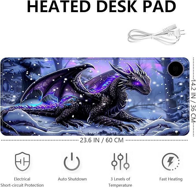 Heated Mouse Pad with 3 Levels Heated & 3 Hours Auto Shut-Off Mouse Pad for Warming Hands in Office Home, 23.6" x 14.2"Large Safe Desk Mat Hand Warmer，Purple Flying Dragon