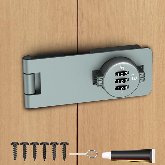 Keyless Cabinet Combination Lock, 3-Digit Password Twist Knob Hasp Latch for Doors, Cabinets, Drawers, Barn Door, Bathroom, Outdoor, Closet, Fence, Durable Zinc Alloy, (Gray, 1 Pack)
