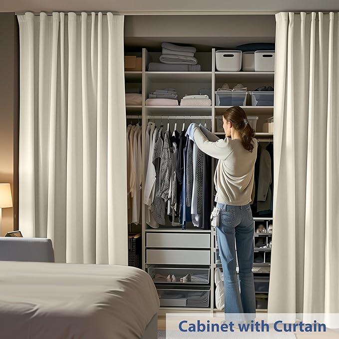 Room Divider Ceiling Mounted Curtains Track Sets Extra Wide Blackout Curtain Flexible Tracks for Bedroom Privacy Partition Separator, 1 Panel Beige Drape and White Rail, W15 x H9ft