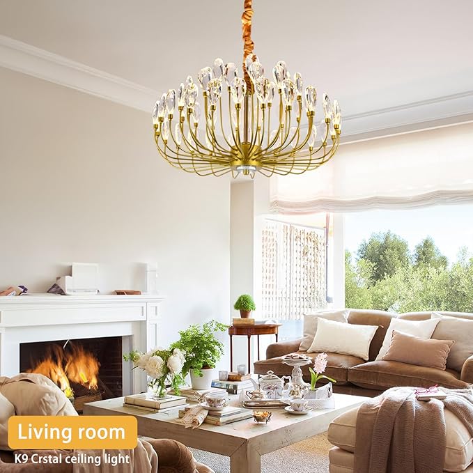 Crystal Gold Chandelier Modern Round Ceiling Pendant Light Fixture Led Tree Branch Chandeliers for Living Room Dining Room Kitchen Bedroom Hotel