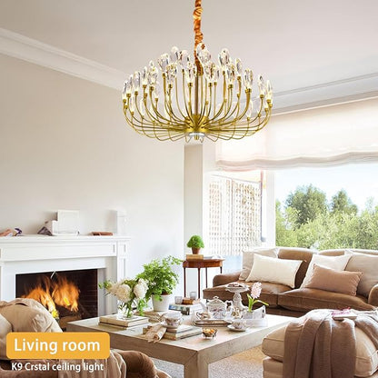 Crystal Gold Chandelier Modern Round Ceiling Pendant Light Fixture Led Tree Branch Chandeliers for Living Room Dining Room Kitchen Bedroom Hotel