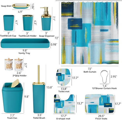 Bathroom Set - Teal Blue Bathroom Accessories Set, Bathroom Sets with Shower Curtain and Rugs, Teal Blue Shower Curtain Set with Bathroom Trash Can, Soap Dispenser, Soap Dish for Home Decor