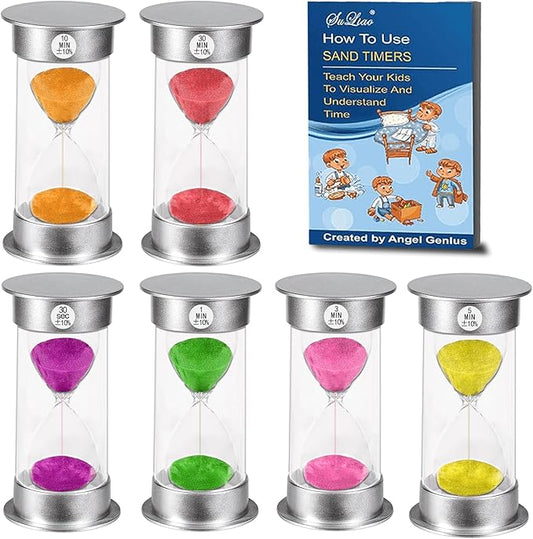 SuLiao Hourglass Sand Timer 30Sec 1 3 5 10 30 Minutes Set, Plastic Large Unbreakable Sand Watch Clock, Colorful Hour Glass Sandglass for Kids, Classroom, Games, Kitchen（Pack of 6）