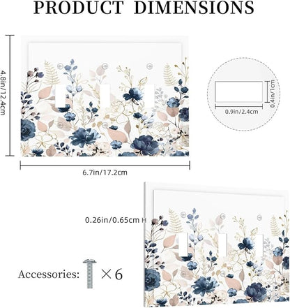 Blue Flora Boho Vintage Flower Golden Leaves Decorative Switch Plates 3 Gang Wall Plate Triple Toggle Light Switch Cover Faceplate Electrical Wall Panels for Bedroom Living Room Decor