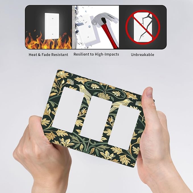 Light Switch Covers William Morris Vintage Botanical Birds Golden Green Leaves 3 Gang Rocker Electrical GFCI Decorative Triple Outlet Wall Plate Cover Switchplate for Bedroom Home Decor