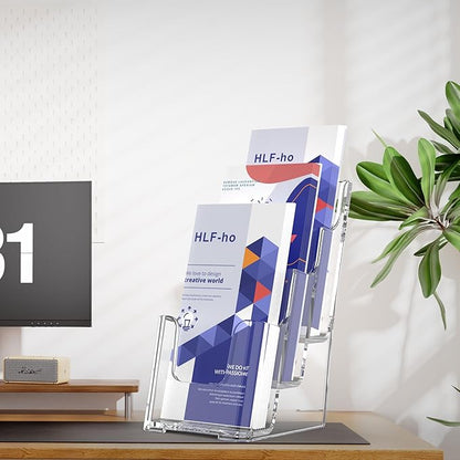 Brochure Holder 4x9 Inch 3 Tier Acrylic Literature Holders Clear Plastic Flyer Display Stand Countertop Use or Wall Mount Pamphlet Holder Organizer for Office, Lobby, Hotel, Trade Show, 2 Pack