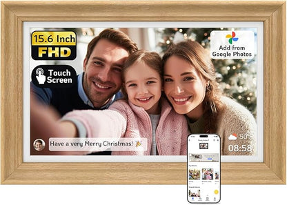 NexFoto 15.6'' Touchscreen Digital Picture Frame, 64GB Wood Electronic Picture Frame, FHD WiFi Digital Photo Frame, Add Photos from Google Photos, Share Videos, for Mom, Christmas/Birthday, Wood