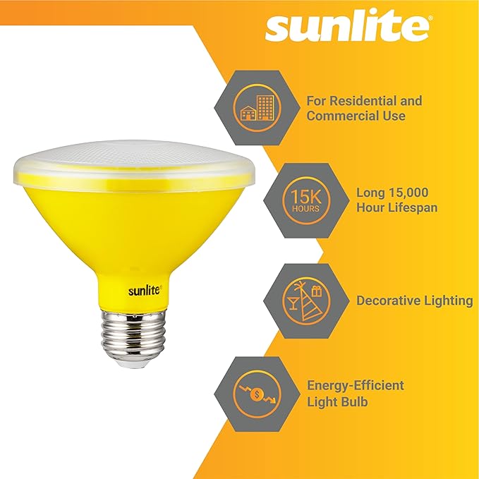 Sunlite 40238 LED PAR30 Short Neck Colored Recessed Bug Light Bulb, 8 watt (75w Equivalent), Medium (E26) Base, Floodlight, ETL Listed, Yellow, 3 Count
