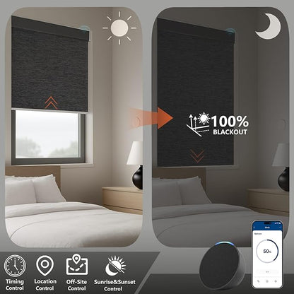 Smart Motorized Blinds – 100% Blackout Roller Shades with Remote, Alexa/Google Home/Siri Control, Matter Compatible, Wireless Rechargeable Battery, Custom Sizes for Windows & Sliding Doors