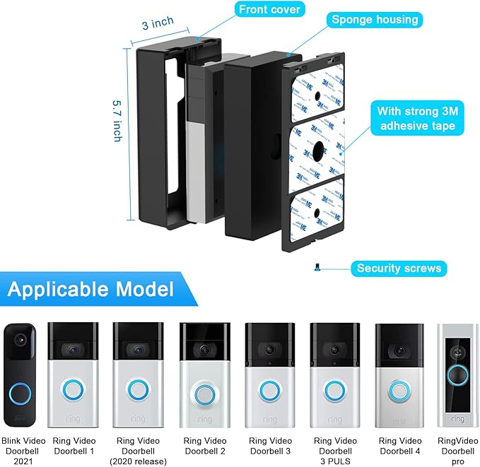 BFYTN Adhesive Mount Compatible with for Video Doorbell No-Drill Mounting Bracket Cover Holder Not Block Doorbell Sensor