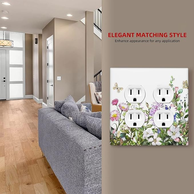 Decorative Outlet Covers Rustic Green Leaf Pink Flowers Butterfly 2 Gang Wall Plate Cover Double Duplex Receptacle Two Switch Light Switch Cover Plate Jumbo Faceplate for Home Decor