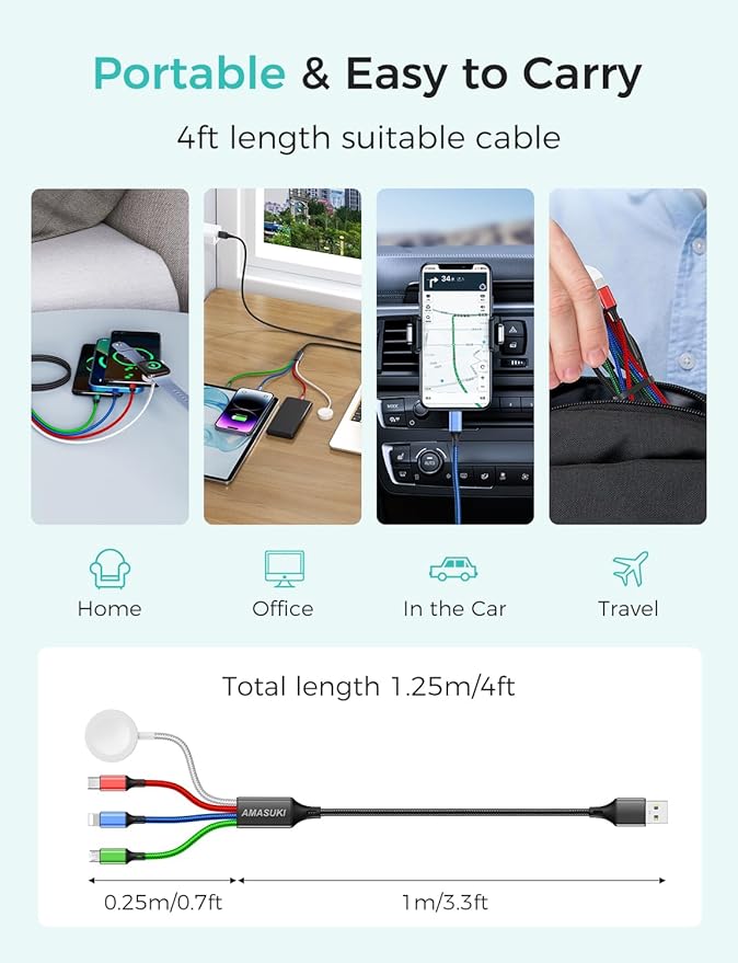 Travel Essentials,4 in 1 for Apple Watch Charger/iPhone Charger/Multi Charging Cable,Vacation RV Camping Essentials,USB C/L/Micro Portable Charger for iWatch 11-1/iPhone 17-12,Car&Gift-4FT
