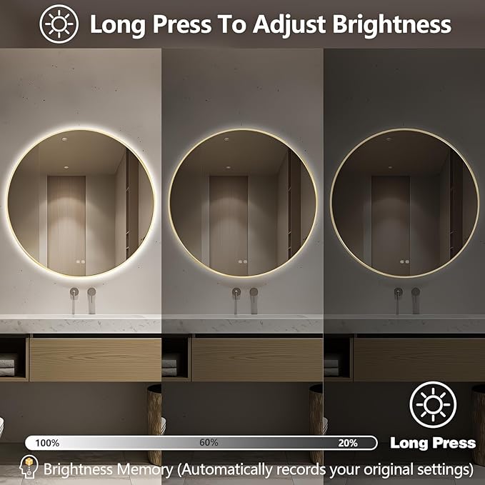 Niccy Round Led Mirror for Bathroom, 40" Backlit Mirrors for Wall Circle Lighted Mirror with Old Gold Frame Anti-Fog, 3 Colors, HD Glass and IP65 Waterproof