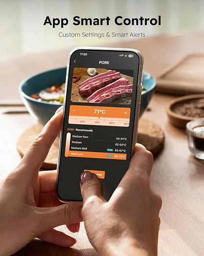 Smart Wireless Meat Thermometer | 6 Sensors Accuracy | 600FT Blutooth Range| IPX7 Waterpoof Dual Probes Digital Food Thermometer for Remote Monitoring of BBQ Grill, Oven, Smoker