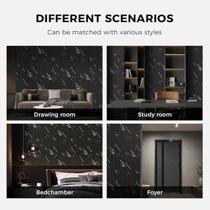 OUZUGIE WPC Acoustic Slat Wall Paneling, 8-Pack 114 x 6 Inches 3D Wall Panels for Interior Wall Decor,Living Room,TV Background,Study Room,Office Spaces,Bedroom,High Grille (Black Marble-1)