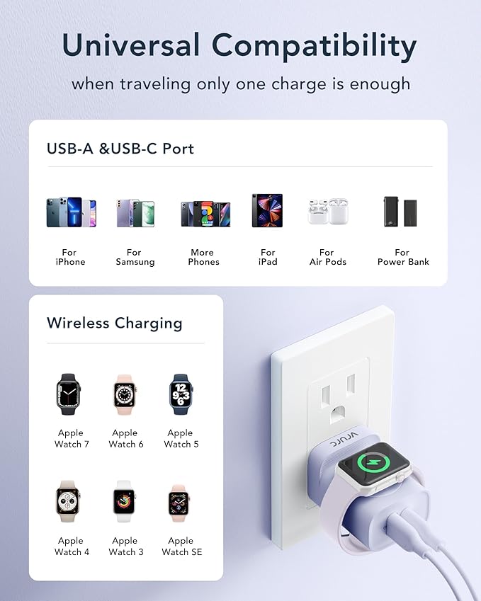 VRURC Charger for iPhone & Apple Watch, 20W USB C Fast Charging Block, 3-in-1 Compact Travel Adapter with 2 Port for iPhone 17/16/15/14/13, Wireless Magnetic for iWatch SE/11/10/9/8/7/6/5/4-Purple