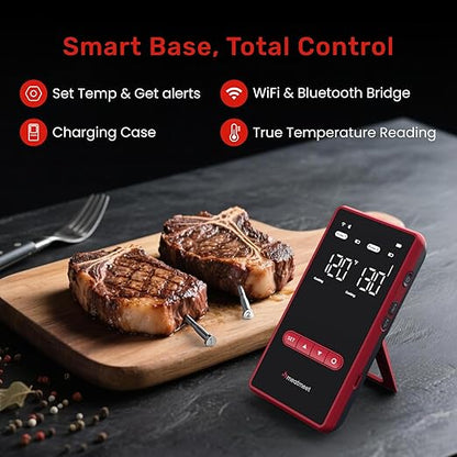 X Pro Wireless Meat Thermometer with Dual Wi-Fi & Bluetooth, Digital Meat Thermometer with 2 Probes & LED Display Base, 6 Built-in Sensors, IP69 Waterproof, for Grills, Ovens, Smokers & BBQs