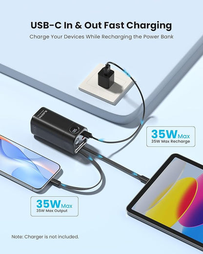 Portable Power Bank 20,000mAh, PD 35W Portable Charger Super Fast Charging with 2 Built-in Cables, USB-C Digital Display Battery Pack for iPhone Air 17/16/15/14/13, Portable Travel Charger