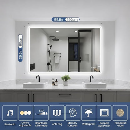STARLEAD 55"x36" LED-Bathroom-Mirror-with-Lights, Wall-Mounted with Bluetooth Speaker, Anti-Fog, 3 Color Temperature, Dimmable Brightness, Waterproof, Tempered Glass, Frontlit & Backlit