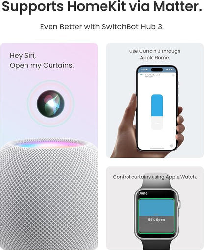 SwitchBot 2025 Automatic Curtain Opener 3 Rod, Bluetooth Remote Control Smart Curtain, WiFi & App Control, Add Hub to Compatible with Alexa, Google Home, HomeKit