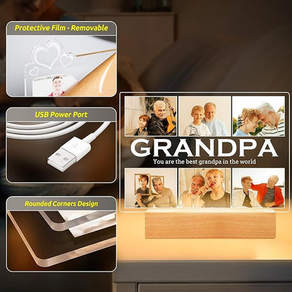 Personalized Gifts for Grandpa from Daughter Son, Custom Picture Frames with Photos, Customized Photo Frame with Night Light, Personalized Birthday Gifts for Grandpa Baby Kids Family