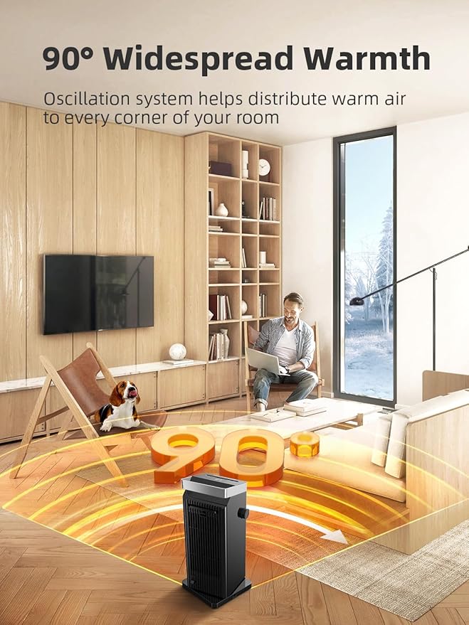 BREEZOME Space Heater for Indoor Use, 1500W Fast Heating Electric Heater with Thermostat, 90°Oscillating PTC Ceramic Heater, 24H Timer