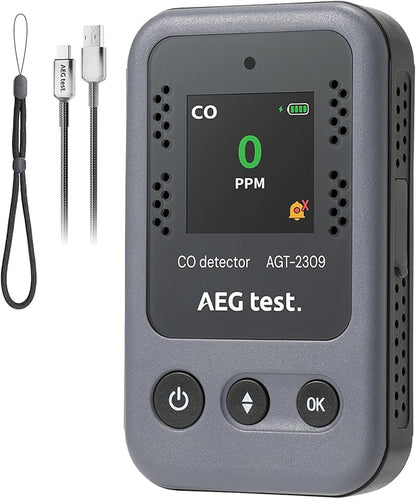 AGT-2309 Portable Carbon Monoxide Detector, 15-Day Standby, Rechargeable Mini CO Monitor with Lanyard for Travel & Camping, Handheld CO Meter with Audible & Visual Alerts, 0-1000ppm - Gray