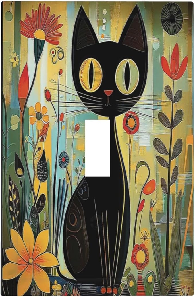 Funny Cat Retro Abstract Flowers Kitten Decorative Light Switch Cover 1 Gang Single Toggle Device Electrical Faceplate Switchplates Decorator Outlet Wall Plate For Kids Room Bed Room Decor