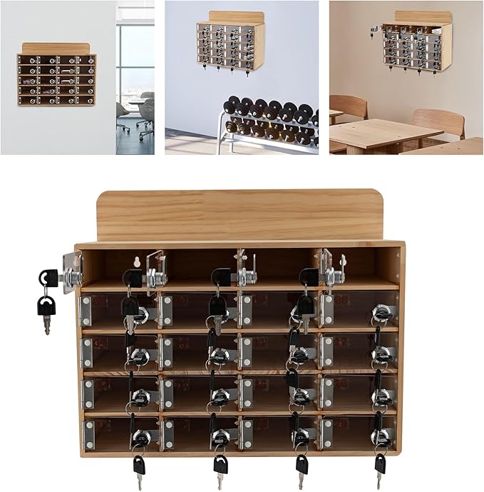 20 Slot Lockable Cell Phone Locker Box, Wall-Mounted/Freestanding Clear Acrylic & Wood Cell Phone Storage Cabinet with Door Locks and Keys for Classroom, Office, and School Employees