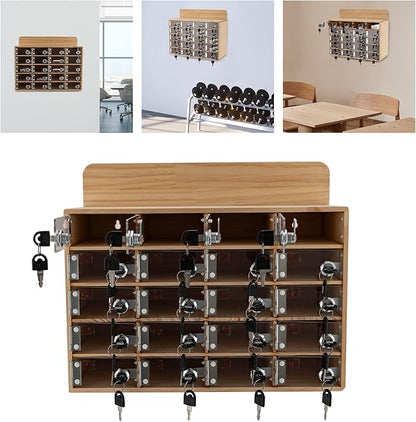 20 Slot Lockable Cell Phone Locker Box, Wall-Mounted/Freestanding Clear Acrylic & Wood Cell Phone Storage Cabinet with Door Locks and Keys for Classroom, Office, and School Employees