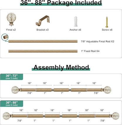 Boho Wood Curtain Rods for Windows 48 to 84 inch,1" Adjustable Heavy Duty Window Curtain Rod with Imitation Wood Grain Finials,Rustic Decorative Drapery Rods Set,Size:36-88'',Weathered Wood