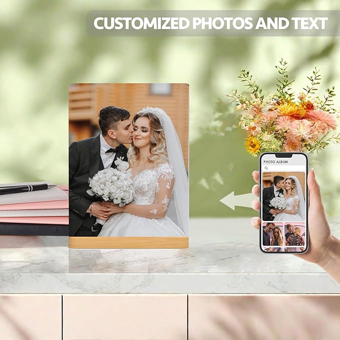 Custom Photo Prints - Metal Desktop Picture Frame with Photos & Wooden Base Personalized Gifts for Family Friends Lovers and Pets, Optional Multiple Sizes