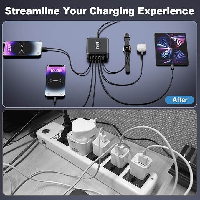 USB C Fast Charger Block, 120W 6-Port Charging Station Hub Adapter, USB C Wall Multi Charger Power Strip Plug with On/Off Switch for iPad iPhone 17 16 15 14 13 12 Pro Max Galaxy S23 (Black)