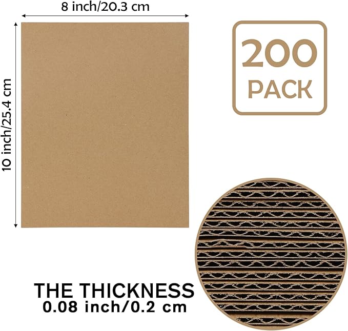 Calenzana 8x10 Browm Corrugated Cardboard Sheets, Flat Card Boards Inserts for Crafts, Packing, Shipping, Moving, Mailing, 200 Pack