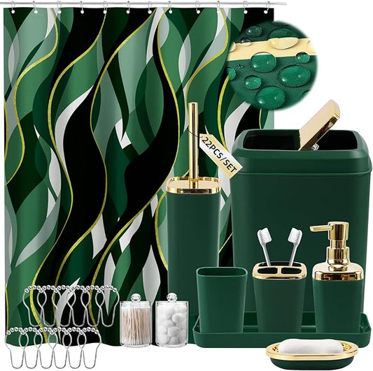 Green Bathroom Set, Bathroom Sets with Stripe Shower Curtain, Green and Gold Bathroom Accessories with Trash Can, Soap Dispenser, Soap Dish, Toilet Brush Holder, Qtip Holders for Bathroom