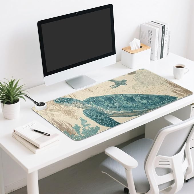 Heated Desk Pad Mouse Pad 31.5x13 Inch PU Leather Desk Mat with 3 Heat Levels Large Mouse Gaming Computer Laptop Mat Retro Sea Turtle Compass