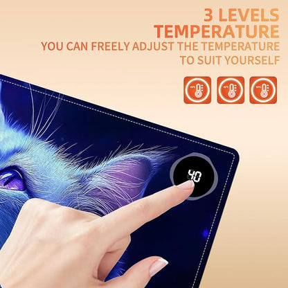 Heated Mouse Pad, Warm Desk Pad, Keyboard Mat 31.5 x 13 Inch Large Size Intelligent Fast Heating, 3 Speed Adjustable, Timed Auto Power Off for Game Office Home,Blue Cat Butterfly