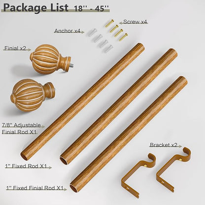 Wood Curtain Rods for Windows 28 to 48 Inch, 1'' Adjustable Heavy Duty Curtain Rod，Vintage Imitation Wood Grain Decorative Drapery Rods with Pumpkin Finials for Bedroom Living Room