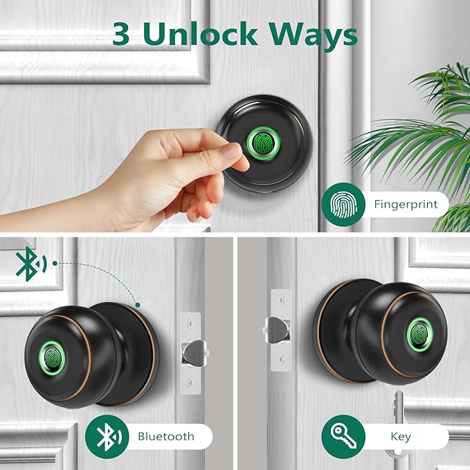 GeekTale Fingerprint Door Lock, Smart Lock with App, Biometric Door Lock, Thumbprint Door Knob, Smart Fingerprint Door Knob for Bedroom, Office, Apartment
