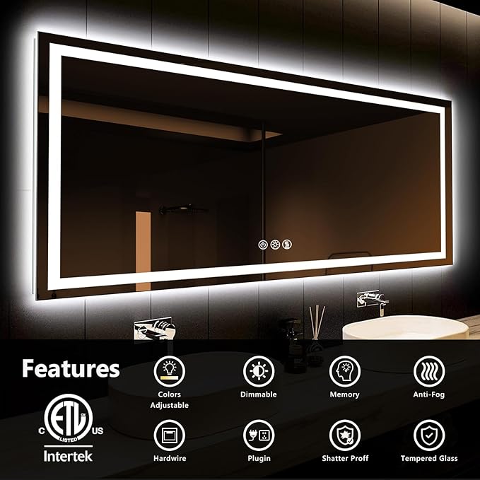 ROOMTEC 60 x 36 Inches LED Bathroom Mirror with Front and Backlit,Anti-Fog,3 Colors and Dimmable Light(Horizontal/Vertical), Silver